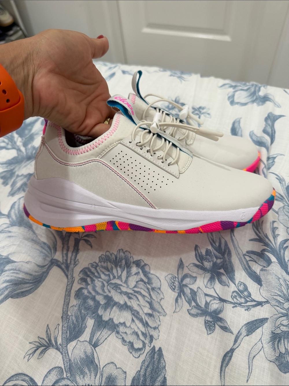 Women's White Sneakers with Pink Trim and Multicolor Outsole